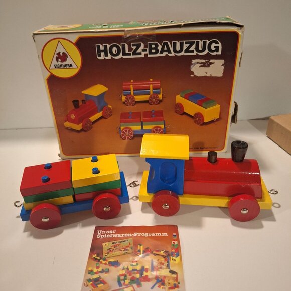 Complete Vintage Eichhorn Holz-Bauzug Wooden Train Set Age2+ Original Box Blocks - Picture 3 of 12